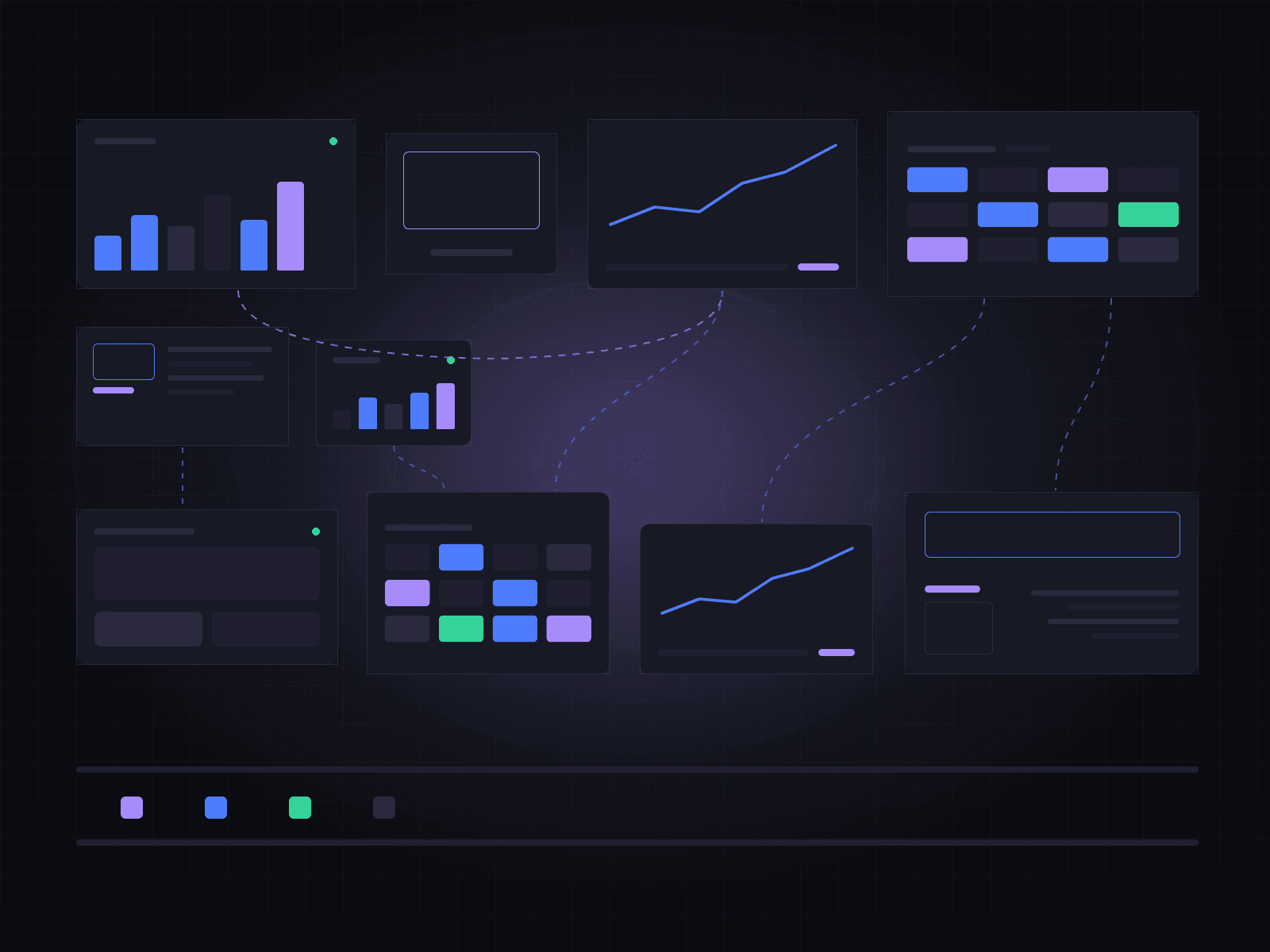 Abstract dark-themed illustration of connected industrial dashboards and data streams.