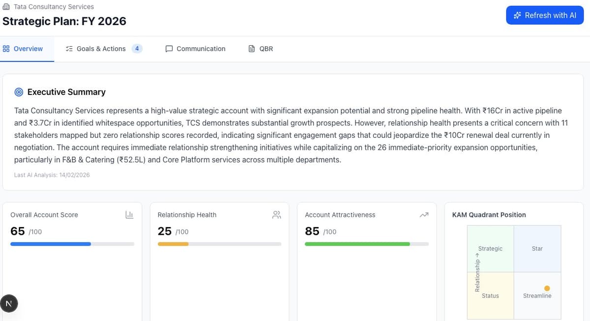 Strategic Planning showing executive summary with account score and KAM Quadrant